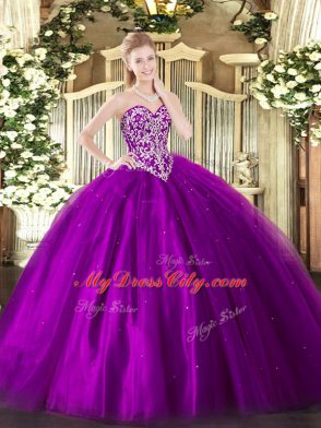 Floor Length Lace Up Sweet 16 Dress Eggplant Purple for Military Ball and Sweet 16 and Quinceanera with Beading