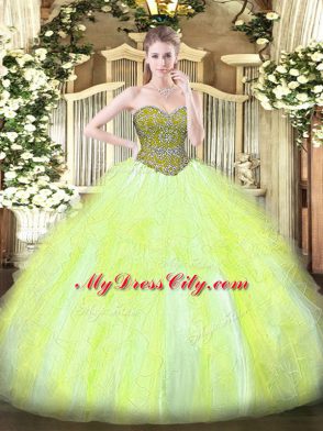 Beading and Ruffles 15th Birthday Dress Yellow Green Lace Up Sleeveless Floor Length