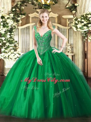 Top Selling Green V-neck Lace Up Beading Sweet 16 Quinceanera Dress Sleeveless
