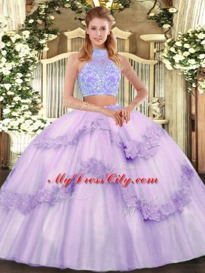 Fabulous Tulle Halter Top Sleeveless Lace Up Beading and Appliques and Ruffles Vestidos de Quinceanera in Lavender