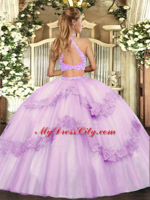 Fabulous Tulle Halter Top Sleeveless Lace Up Beading and Appliques and Ruffles Vestidos de Quinceanera in Lavender