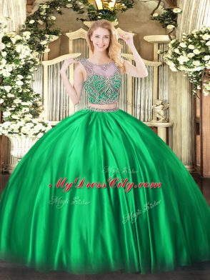Fine Satin Scoop Sleeveless Lace Up Beading Quinceanera Dress in Green