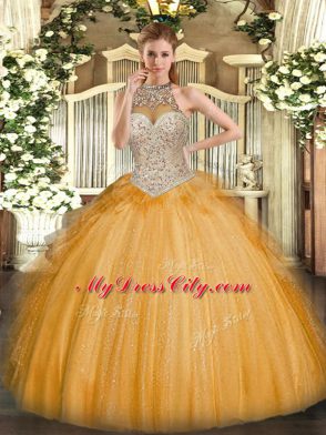Sleeveless Tulle Floor Length Lace Up Sweet 16 Dresses in Orange with Beading and Ruffles