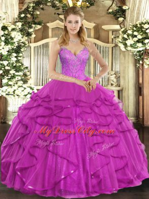 Vintage Fuchsia Lace Up Vestidos de Quinceanera Beading and Ruffles Sleeveless Floor Length
