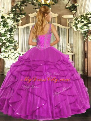 Vintage Fuchsia Lace Up Vestidos de Quinceanera Beading and Ruffles Sleeveless Floor Length