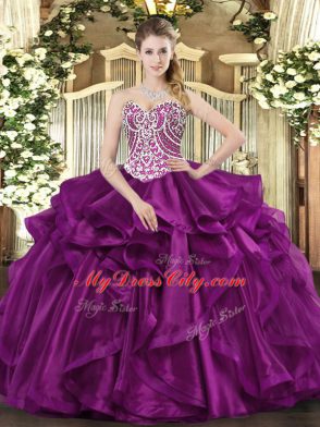 Fuchsia Sleeveless Floor Length Beading and Ruffles Lace Up Sweet 16 Quinceanera Dress