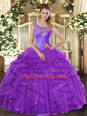 Popular Floor Length Lace Up 15 Quinceanera Dress Purple for Sweet 16 and Quinceanera with Beading and Ruffles