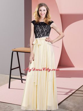 Flare Champagne Sleeveless Lace and Belt Floor Length Homecoming Dress