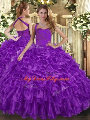 Purple Sleeveless Organza Lace Up Quince Ball Gowns for Military Ball and Sweet 16 and Quinceanera