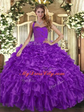 Purple Sleeveless Organza Lace Up Quince Ball Gowns for Military Ball and Sweet 16 and Quinceanera