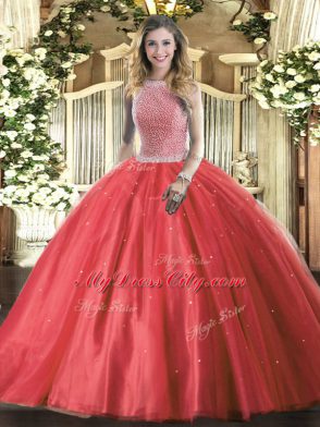 Admirable Floor Length Red Quince Ball Gowns High-neck Sleeveless Lace Up