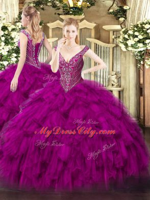 Fuchsia Sleeveless Floor Length Beading and Ruffles Lace Up Quinceanera Gowns