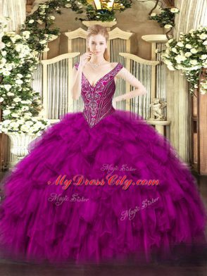 Fuchsia Sleeveless Floor Length Beading and Ruffles Lace Up Quinceanera Gowns