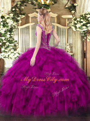 Fuchsia Sleeveless Floor Length Beading and Ruffles Lace Up Quinceanera Gowns