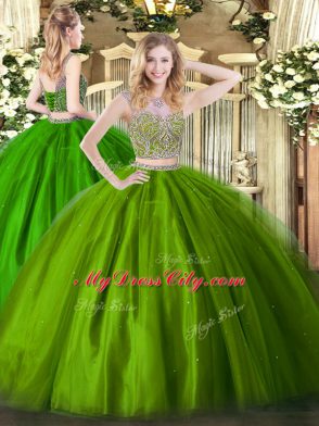 Sumptuous Olive Green Lace Up Scoop Beading Quinceanera Gowns Tulle Sleeveless