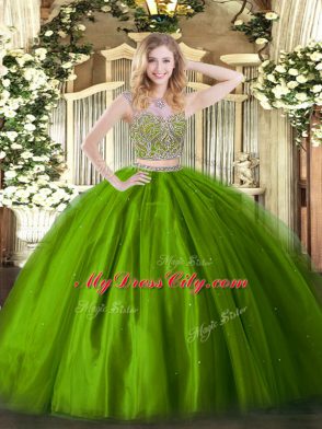 Sumptuous Olive Green Lace Up Scoop Beading Quinceanera Gowns Tulle Sleeveless