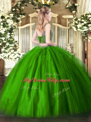 Sumptuous Olive Green Lace Up Scoop Beading Quinceanera Gowns Tulle Sleeveless