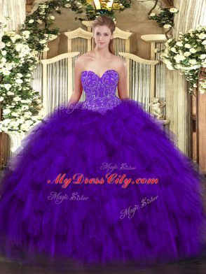 Clearance Sleeveless Floor Length Beading and Ruffles Lace Up Quinceanera Gown with Purple