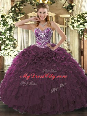 Burgundy Ball Gowns Beading and Ruffled Layers 15 Quinceanera Dress Lace Up Tulle Sleeveless Floor Length