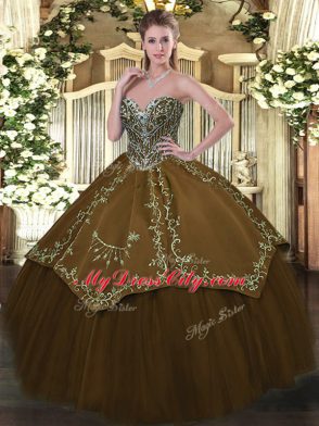 Taffeta and Tulle Sweetheart Sleeveless Lace Up Beading and Embroidery Ball Gown Prom Dress in Brown