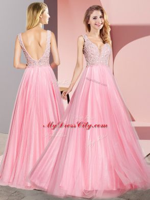 Superior Watermelon Red A-line V-neck Sleeveless Tulle Floor Length Zipper Lace Evening Dress