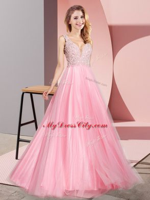 Superior Watermelon Red A-line V-neck Sleeveless Tulle Floor Length Zipper Lace Evening Dress