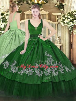 Dark Green Ball Gowns Straps Sleeveless Organza and Taffeta Floor Length Zipper Beading and Embroidery Sweet 16 Dresses