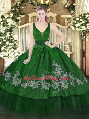 Dark Green Ball Gowns Straps Sleeveless Organza and Taffeta Floor Length Zipper Beading and Embroidery Sweet 16 Dresses