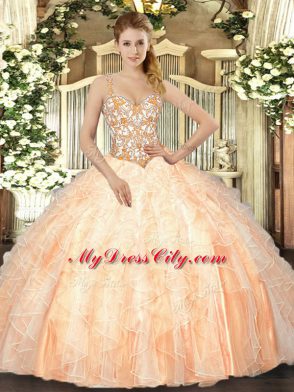 Straps Sleeveless Quinceanera Gowns Floor Length Beading and Ruffles Peach Organza