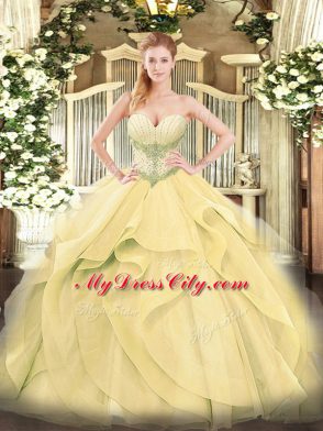 Glittering Gold Lace Up Sweetheart Beading and Ruffles 15 Quinceanera Dress Tulle Sleeveless