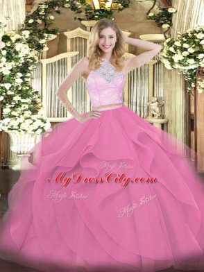 Delicate Rose Pink Two Pieces Scoop Sleeveless Tulle Floor Length Zipper Lace and Ruffles Sweet 16 Quinceanera Dress