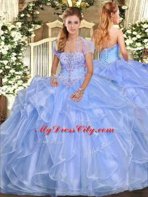 Floor Length Light Blue Sweet 16 Dresses Organza Sleeveless Appliques and Ruffles