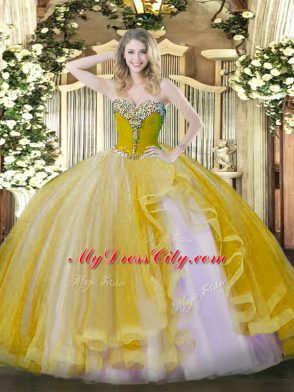 Pretty Sleeveless Beading and Ruffles Lace Up Quince Ball Gowns