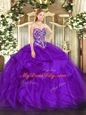 Great Purple Organza Lace Up Sweet 16 Quinceanera Dress Sleeveless Floor Length Beading and Ruffles