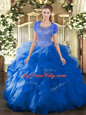 Customized Blue Clasp Handle Scoop Beading and Ruffled Layers Quinceanera Dress Tulle Sleeveless