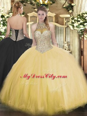 Pretty Floor Length Gold Sweet 16 Dresses Halter Top Sleeveless Lace Up