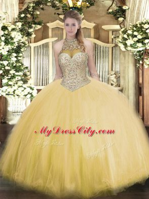 Pretty Floor Length Gold Sweet 16 Dresses Halter Top Sleeveless Lace Up