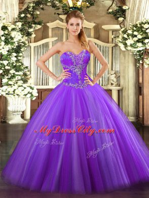 Great Eggplant Purple Tulle Lace Up Quince Ball Gowns Sleeveless Floor Length Beading