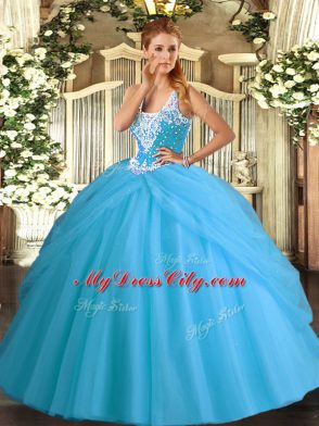 Tulle Straps Sleeveless Lace Up Beading and Pick Ups Ball Gown Prom Dress in Aqua Blue