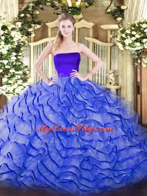 Blue Tulle Zipper Strapless Sleeveless Quinceanera Gowns Brush Train Ruffles