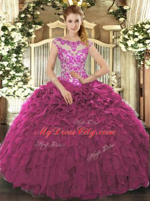 Fuchsia Ball Gowns Scoop Cap Sleeves Organza Floor Length Lace Up Beading and Appliques and Ruffles Quince Ball Gowns
