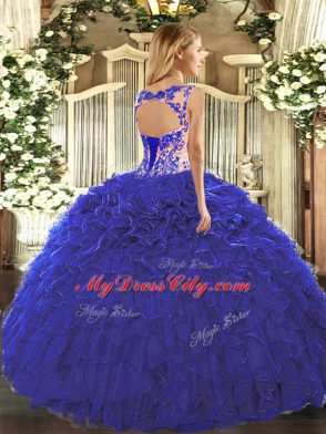 Fuchsia Ball Gowns Scoop Cap Sleeves Organza Floor Length Lace Up Beading and Appliques and Ruffles Quince Ball Gowns