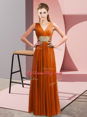 Latest Rust Red Chiffon Side Zipper Prom Dresses Sleeveless Floor Length Beading and Ruching