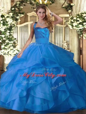 Beauteous Halter Top Sleeveless Quinceanera Gowns Floor Length Ruffles Blue Tulle