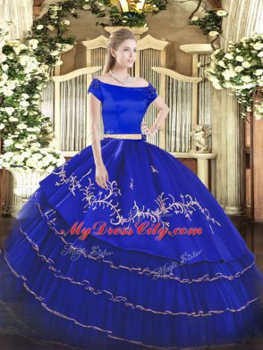 Unique Floor Length Royal Blue Quinceanera Gowns Organza and Taffeta Short Sleeves Embroidery and Ruffled Layers