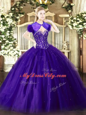Purple Sweetheart Lace Up Beading 15 Quinceanera Dress Sleeveless