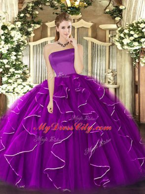 Most Popular Strapless Sleeveless Quinceanera Gown Floor Length Ruffles Purple Tulle