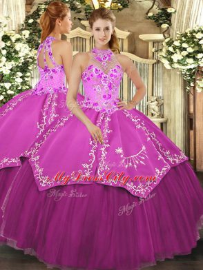 Artistic Fuchsia Sleeveless Floor Length Beading and Embroidery Lace Up 15 Quinceanera Dress