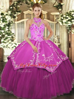 Artistic Fuchsia Sleeveless Floor Length Beading and Embroidery Lace Up 15 Quinceanera Dress
