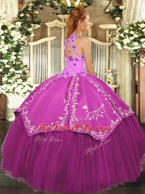 Artistic Fuchsia Sleeveless Floor Length Beading and Embroidery Lace Up 15 Quinceanera Dress